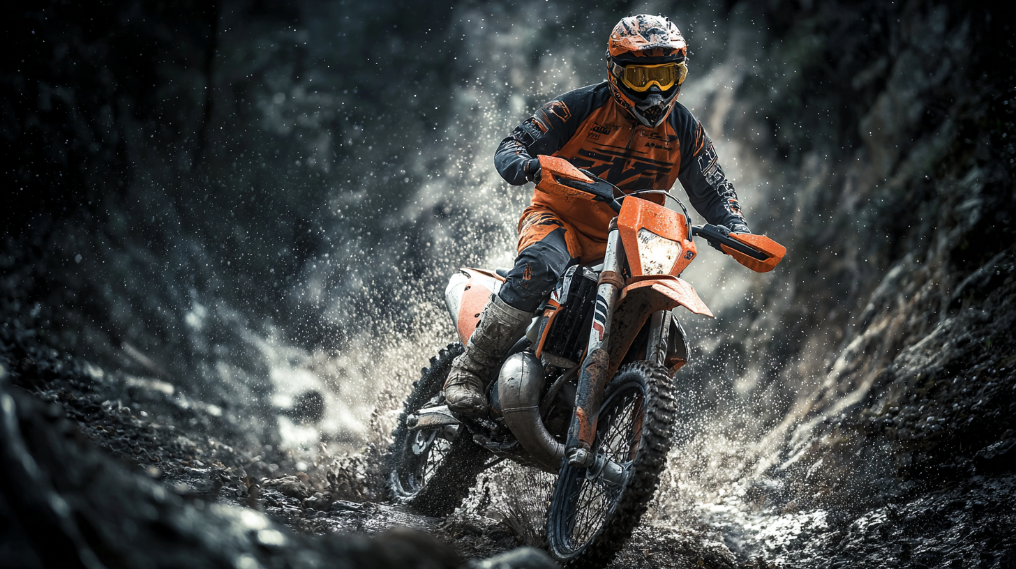 Person riding a dirt bike on a forest trail with mud in the air
